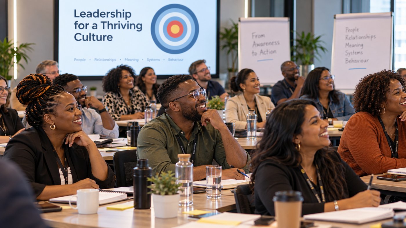 Delegates engaged in a leadership and culture training session