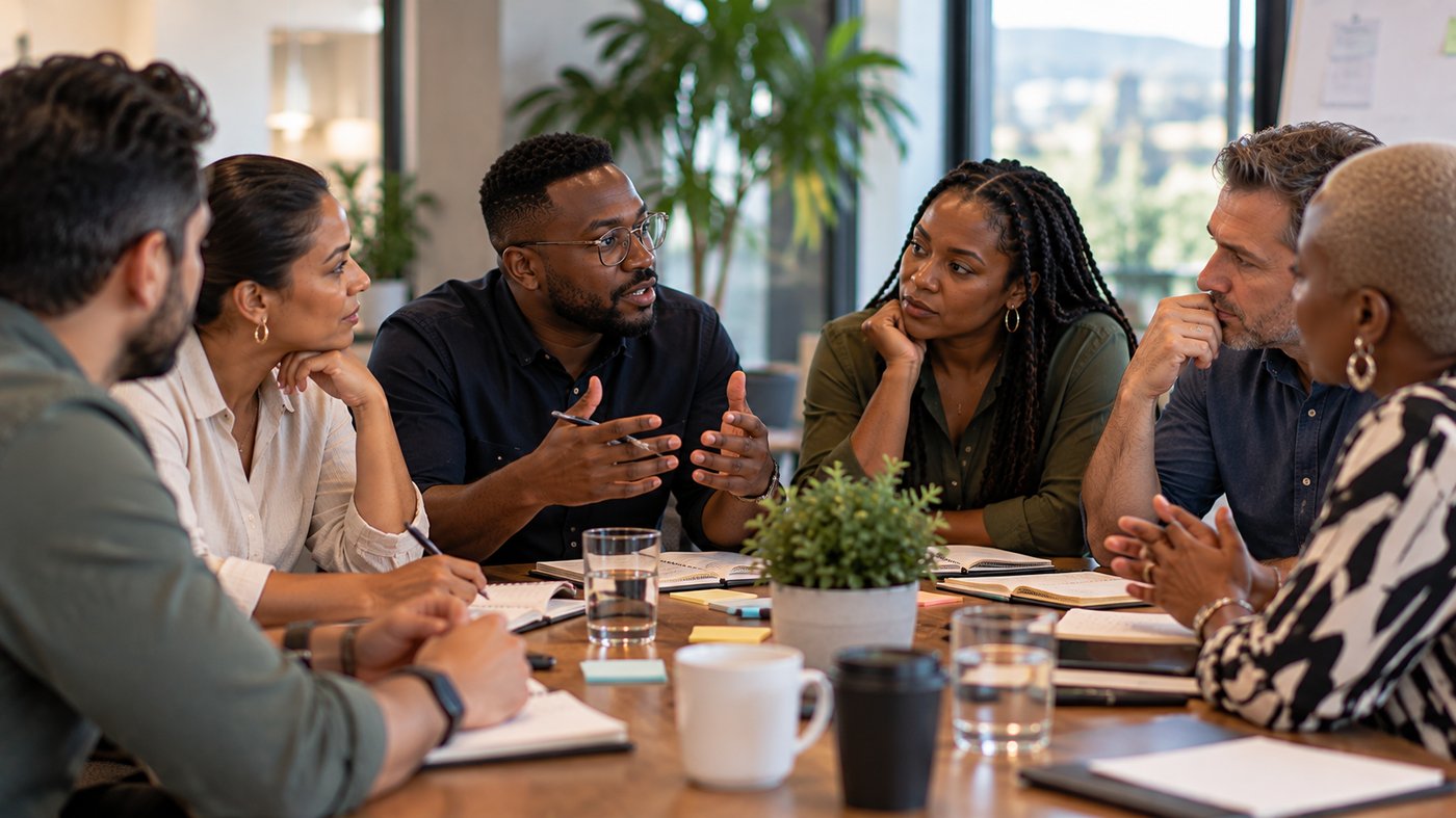Team coaching conversation around a table
